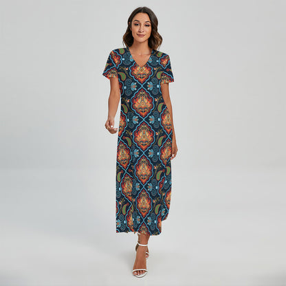 Indian Floral Paisley Pattern Print Short Sleeve Maxi Dress