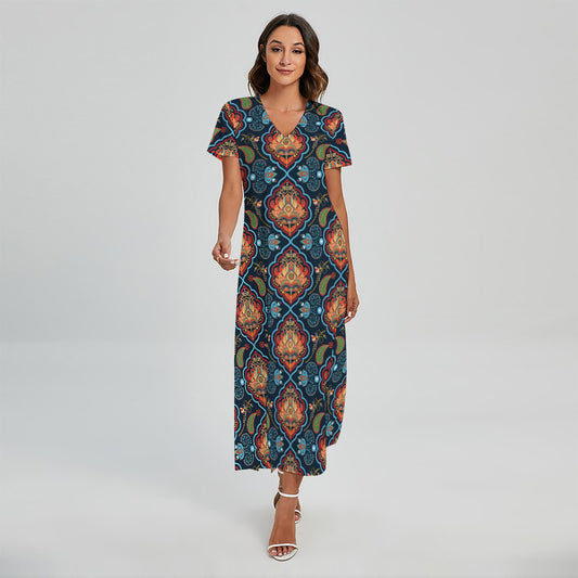Indian Floral Paisley Pattern Print Short Sleeve Maxi Dress
