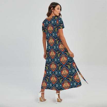 Indian Floral Paisley Pattern Print Short Sleeve Maxi Dress