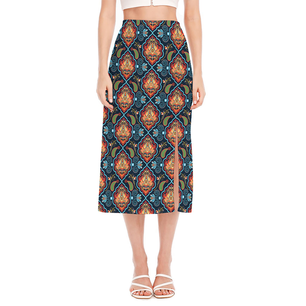 Indian Floral Paisley Pattern Print Side Slit Midi Skirt