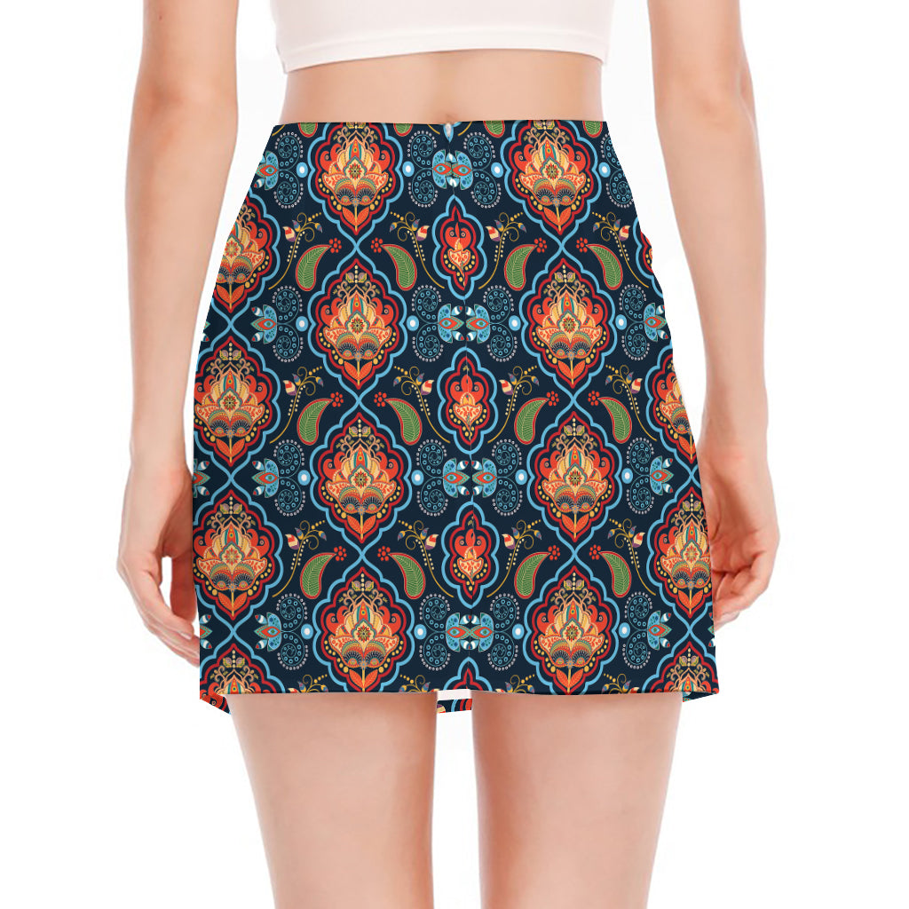 Indian Floral Paisley Pattern Print Side Slit Mini Skirt