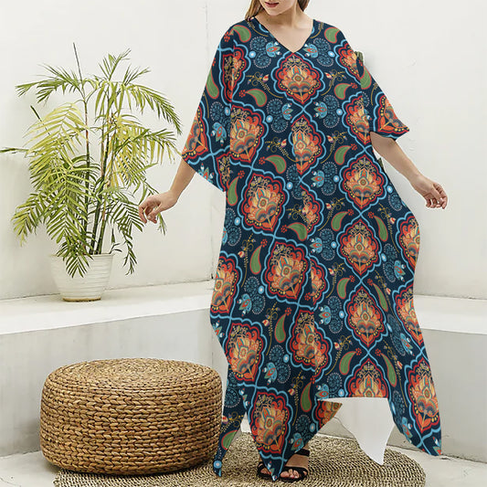 Indian Floral Paisley Pattern Print Silk V-Neck Kaftan Dress