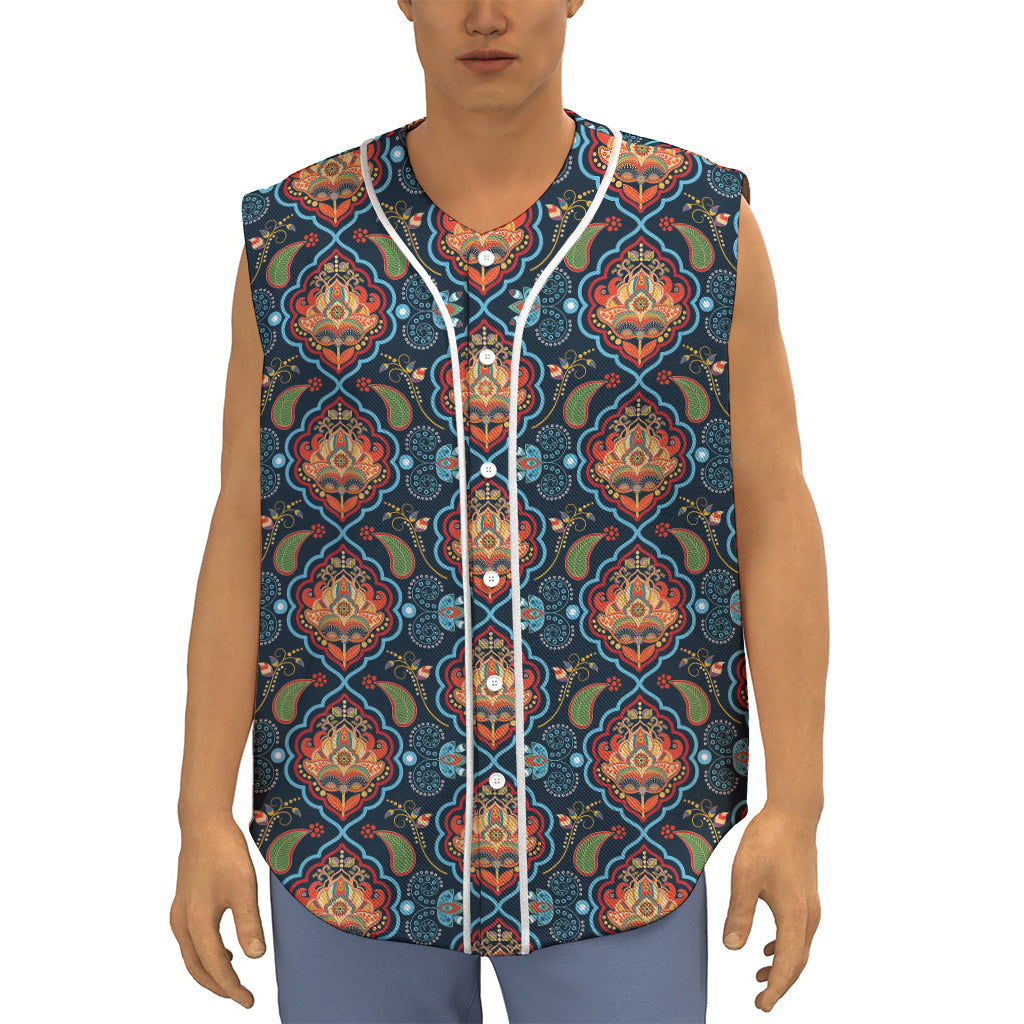 Indian Floral Paisley Pattern Print Sleeveless Baseball Jersey