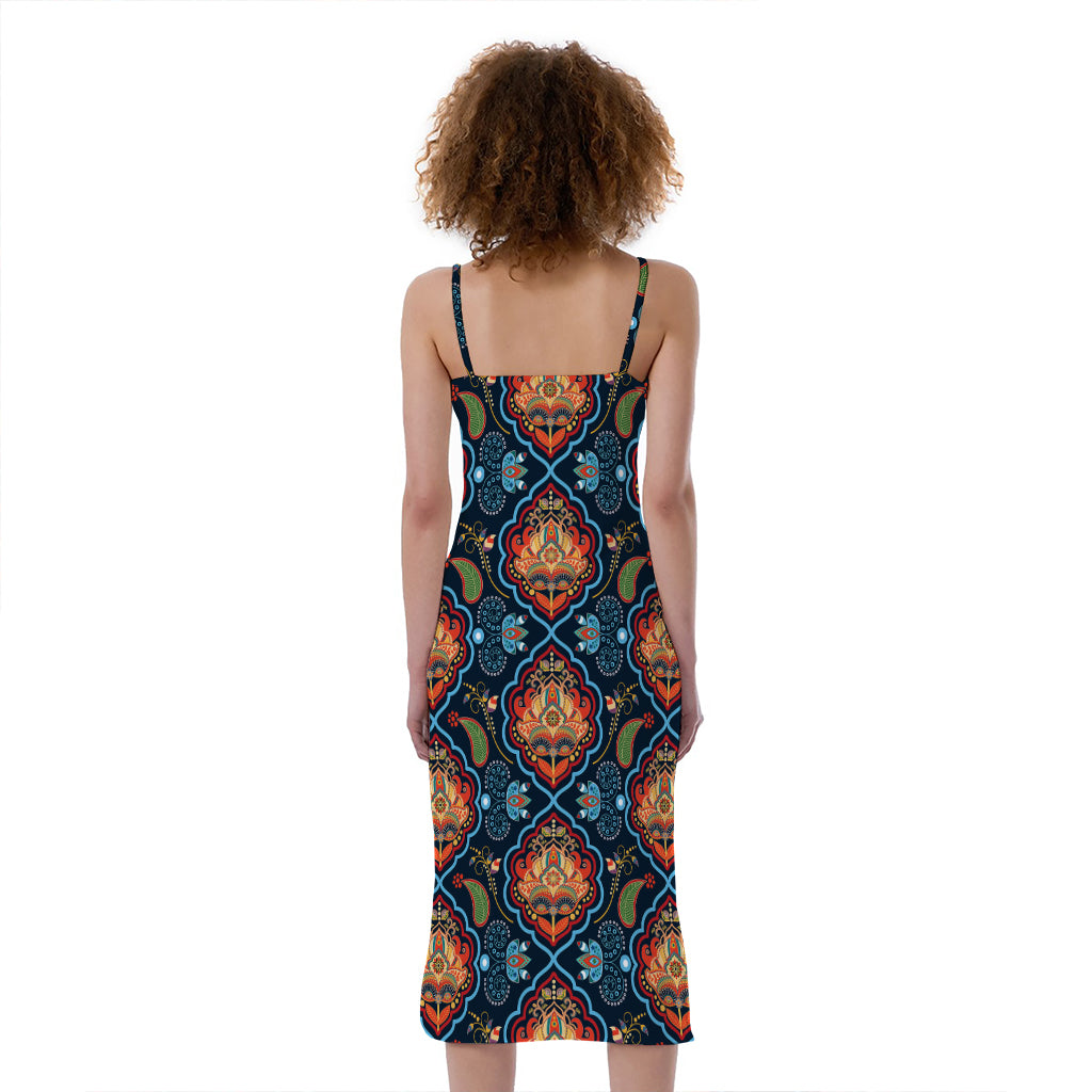 Indian Floral Paisley Pattern Print Slim Fit Midi Cami Dress