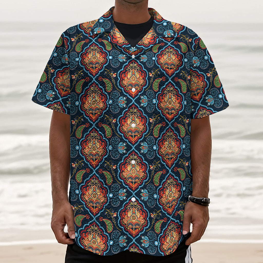 Indian Floral Paisley Pattern Print Textured Short Sleeve Shirt