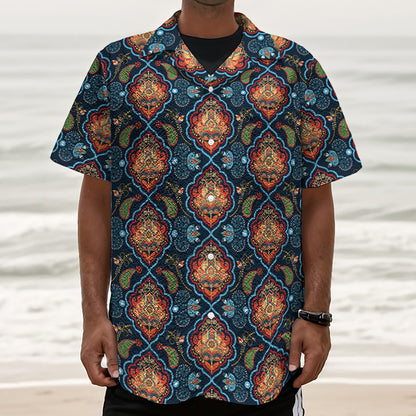 Indian Floral Paisley Pattern Print Textured Short Sleeve Shirt