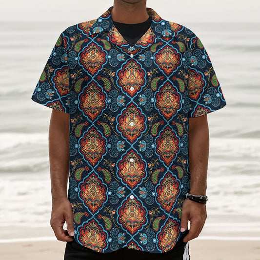 Indian Floral Paisley Pattern Print Textured Short Sleeve Shirt