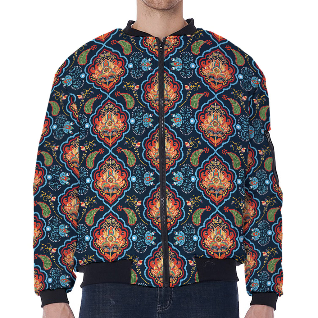 Indian Floral Paisley Pattern Print Zip Sleeve Bomber Jacket