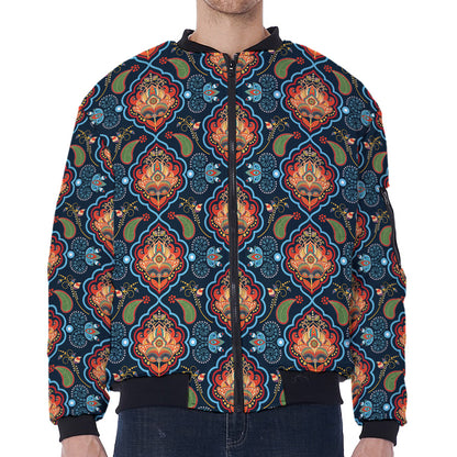 Indian Floral Paisley Pattern Print Zip Sleeve Bomber Jacket