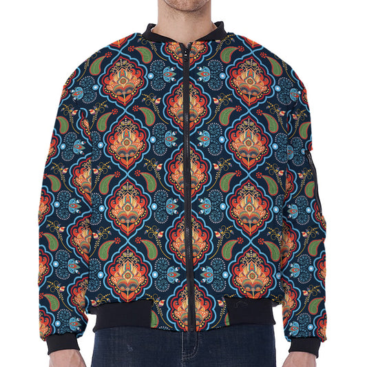 Indian Floral Paisley Pattern Print Zip Sleeve Bomber Jacket