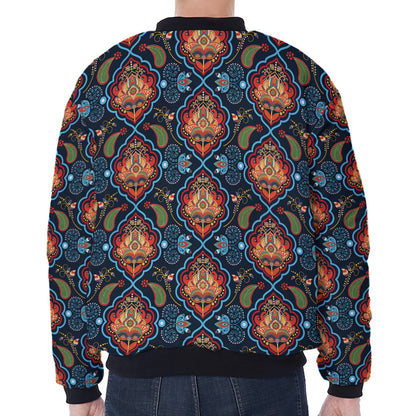 Indian Floral Paisley Pattern Print Zip Sleeve Bomber Jacket