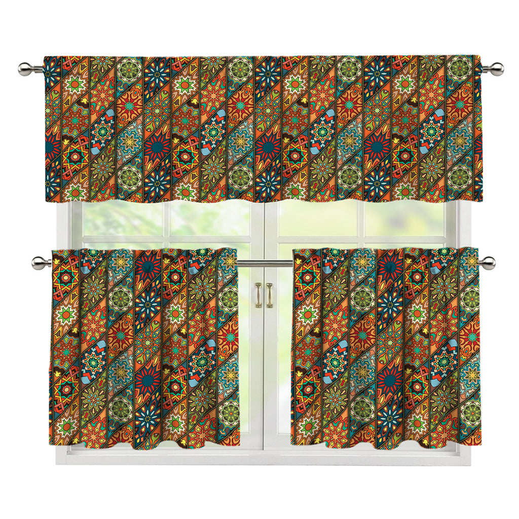 Indian Floral Patchwork Pattern Print 3 Piece Kitchen Curtains
