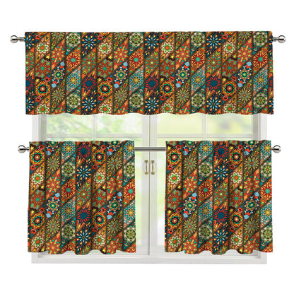 Indian Floral Patchwork Pattern Print 3 Piece Kitchen Curtains