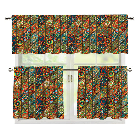 Indian Floral Patchwork Pattern Print 3 Piece Kitchen Curtains