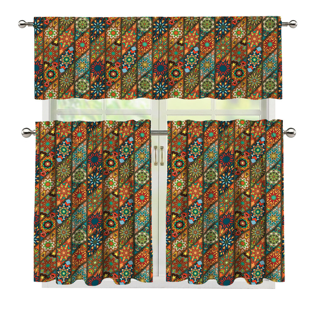 Indian Floral Patchwork Pattern Print 3 Piece Kitchen Curtains