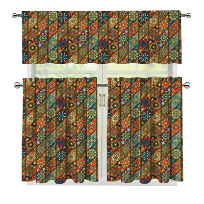 Indian Floral Patchwork Pattern Print 3 Piece Kitchen Curtains
