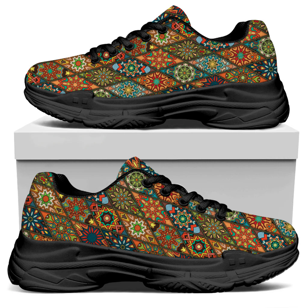 Indian Floral Patchwork Pattern Print Black Chunky Shoes