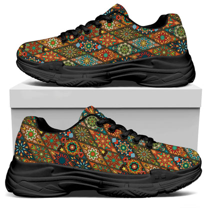 Indian Floral Patchwork Pattern Print Black Chunky Shoes