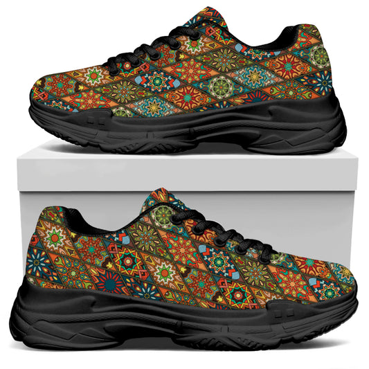 Indian Floral Patchwork Pattern Print Black Chunky Shoes