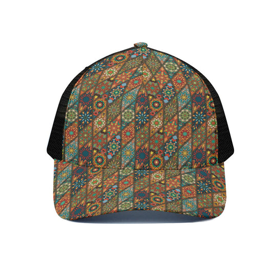 Indian Floral Patchwork Pattern Print Black Mesh Trucker Cap