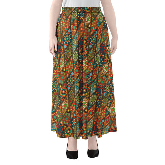 Indian Floral Patchwork Pattern Print Chiffon Maxi Skirt
