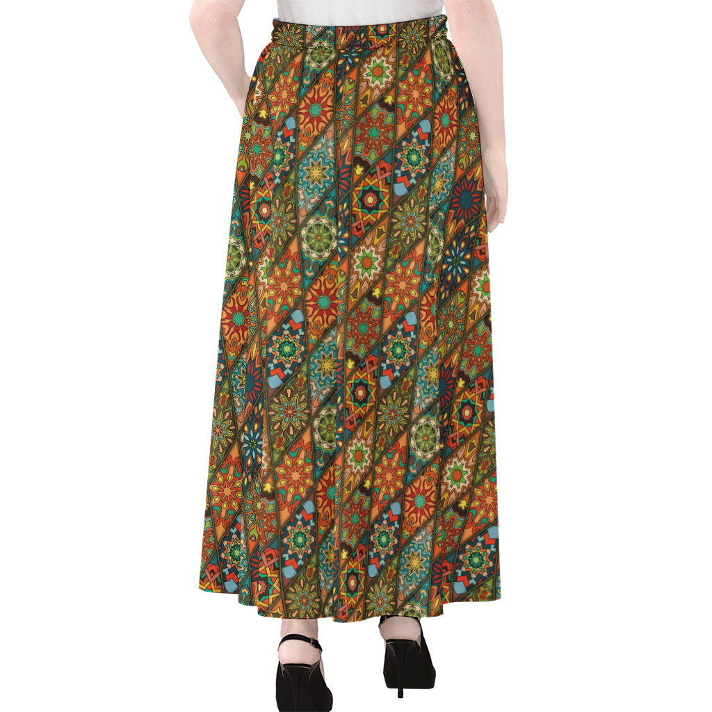 Indian Floral Patchwork Pattern Print Chiffon Maxi Skirt
