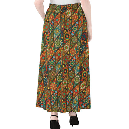 Indian Floral Patchwork Pattern Print Chiffon Maxi Skirt