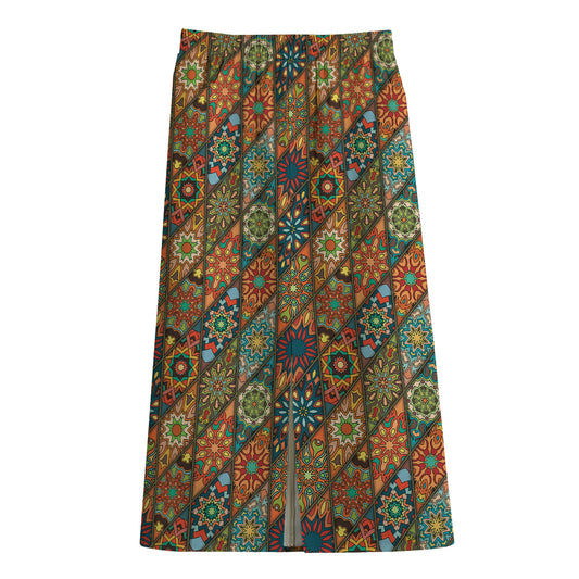 Indian Floral Patchwork Pattern Print Cotton Front Slit Maxi Skirt