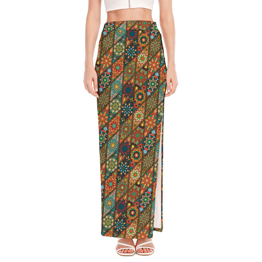 Indian Floral Patchwork Pattern Print High Slit Maxi Skirt