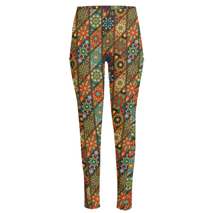 Indian Floral Patchwork Pattern Print High-Waisted Pocket Leggings