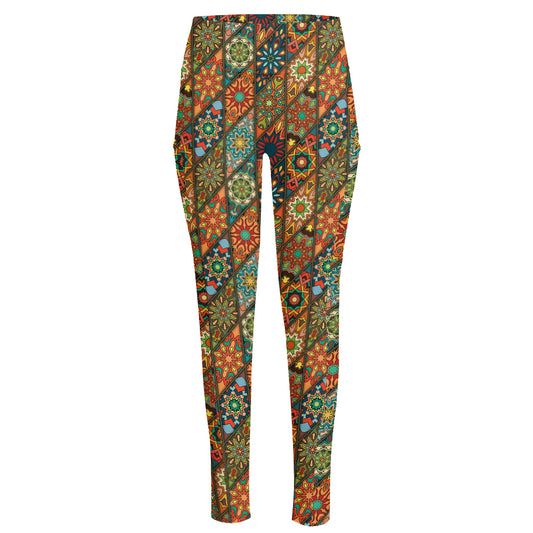 Indian Floral Patchwork Pattern Print High-Waisted Pocket Leggings
