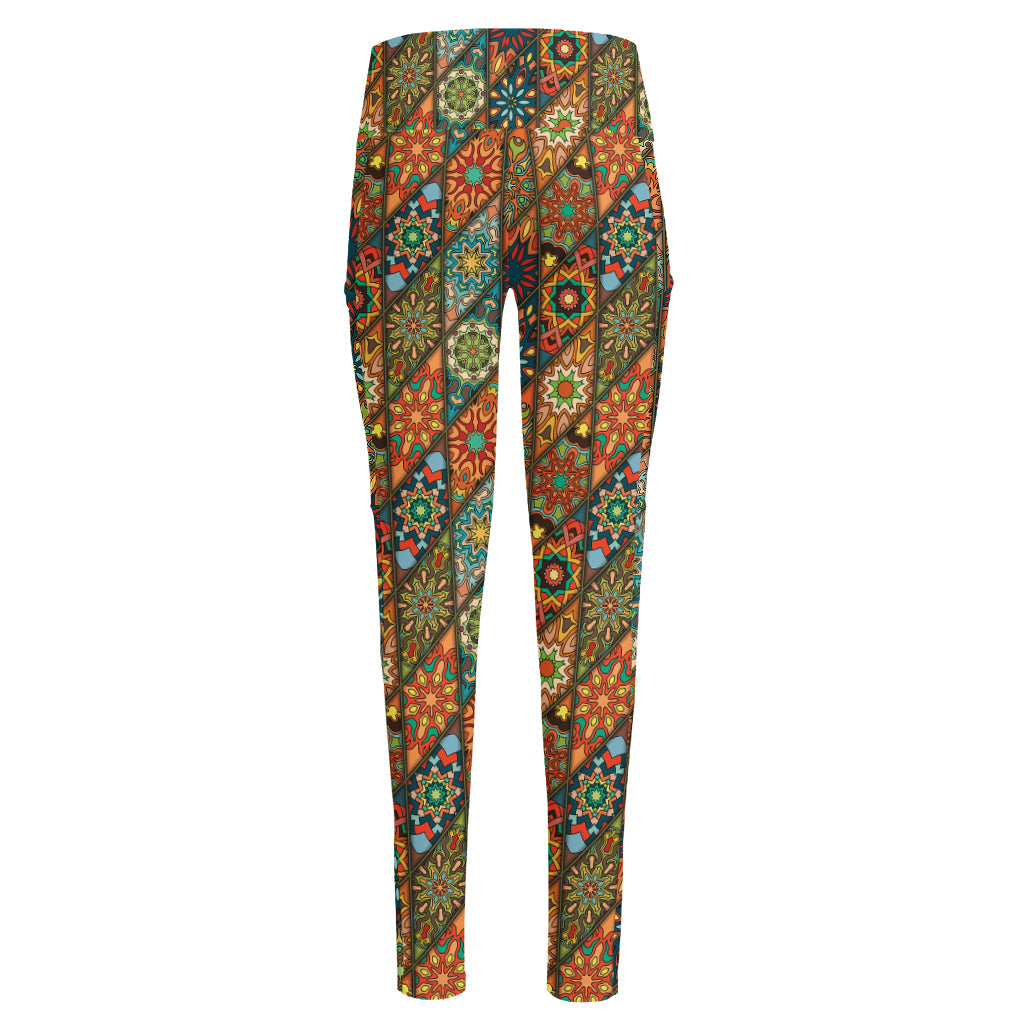 Indian Floral Patchwork Pattern Print High-Waisted Pocket Leggings