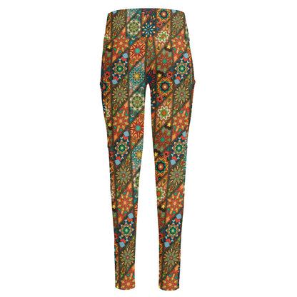 Indian Floral Patchwork Pattern Print High-Waisted Pocket Leggings