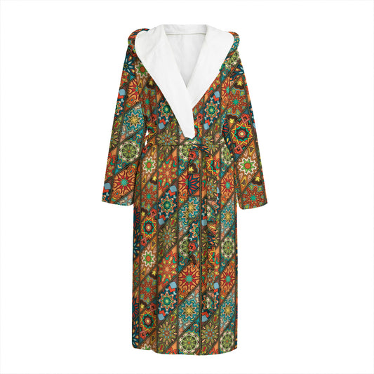 Indian Floral Patchwork Pattern Print Hooded Bathrobe
