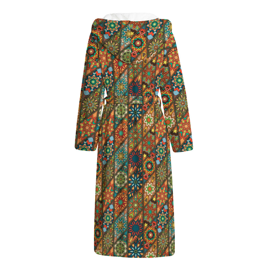 Indian Floral Patchwork Pattern Print Hooded Bathrobe