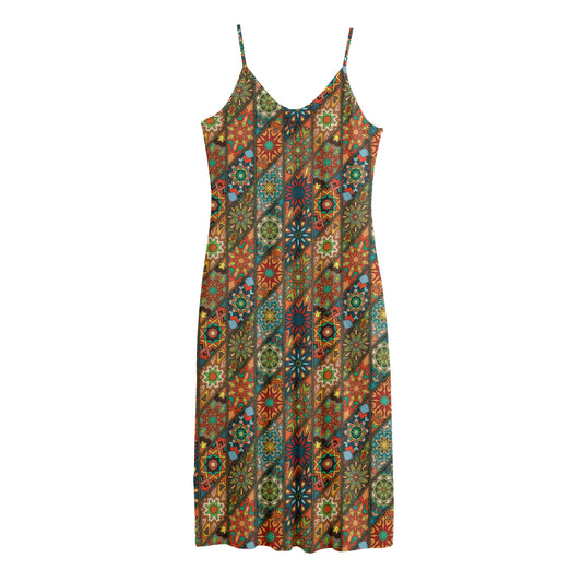 Indian Floral Patchwork Pattern Print Jersey Midi Cami Dress