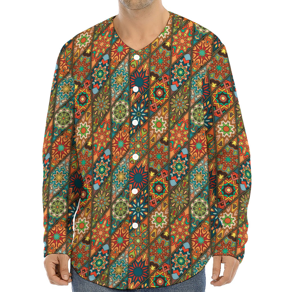 Indian Floral Patchwork Pattern Print Long Sleeve Baseball Jersey