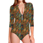 Indian Floral Patchwork Pattern Print Long Sleeve Swimsuit