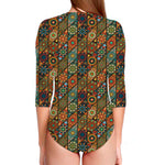 Indian Floral Patchwork Pattern Print Long Sleeve Swimsuit