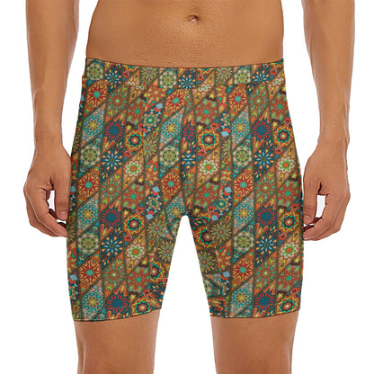 Indian Floral Patchwork Pattern Print Men's Long Boxer Briefs