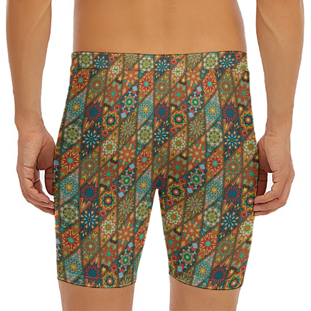 Indian Floral Patchwork Pattern Print Men's Long Boxer Briefs