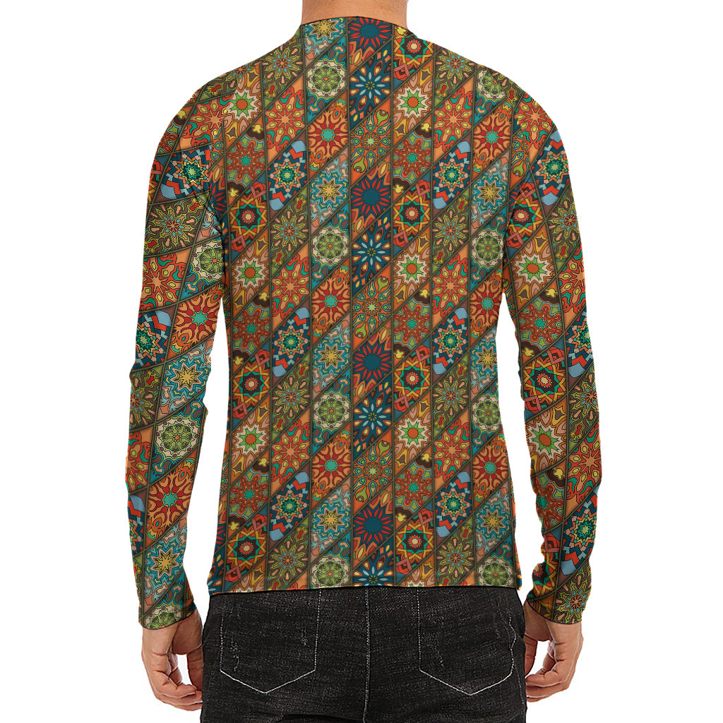 Indian Floral Patchwork Pattern Print Men's Long Sleeve Rash Guard