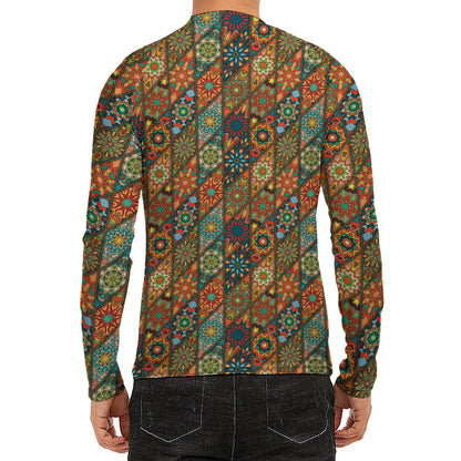 Indian Floral Patchwork Pattern Print Men's Long Sleeve Rash Guard