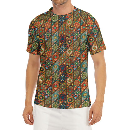 Indian Floral Patchwork Pattern Print Men's Short Sleeve Rash Guard