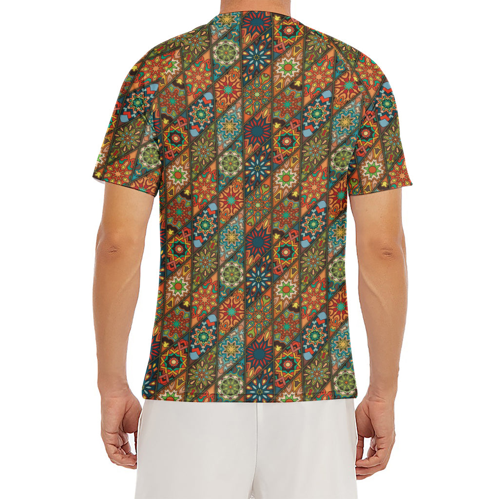 Indian Floral Patchwork Pattern Print Men's Short Sleeve Rash Guard