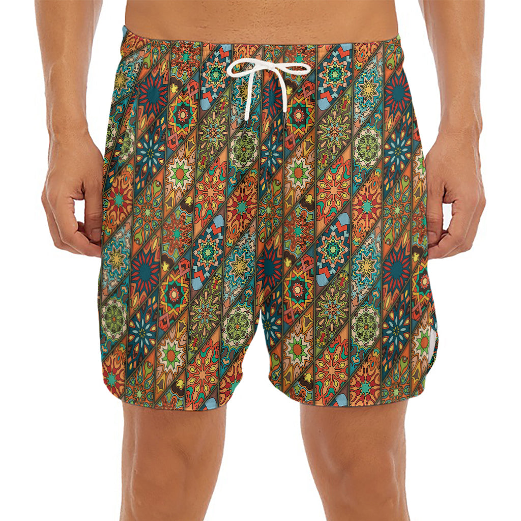Indian Floral Patchwork Pattern Print Men's Split Running Shorts