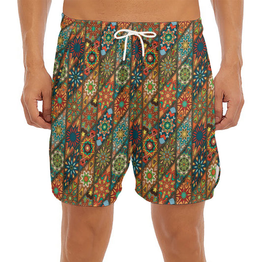 Indian Floral Patchwork Pattern Print Men's Split Running Shorts