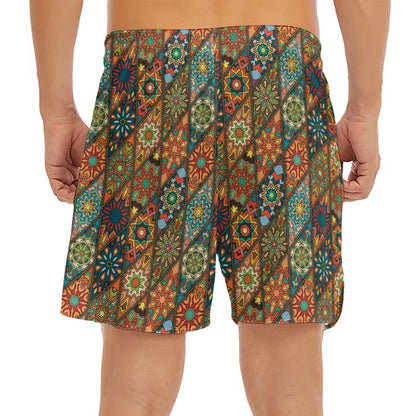 Indian Floral Patchwork Pattern Print Men's Split Running Shorts