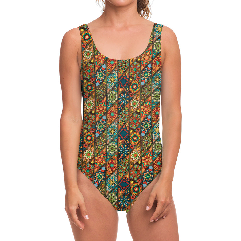 Indian Floral Patchwork Pattern Print One Piece Swimsuit