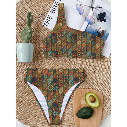 Indian Floral Patchwork Pattern Print One Shoulder Bikini Top